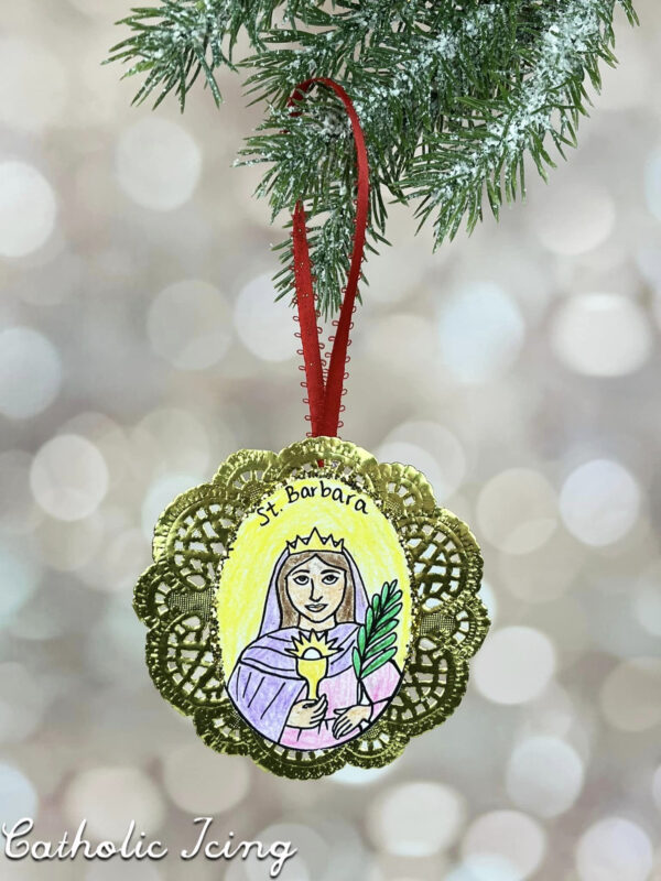 Saint Barbara Ornament Craft hanging on a tree branch.